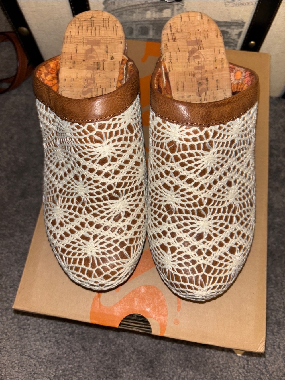 Kork-Ease Crochet Slip-On Mules in Cream and Brown